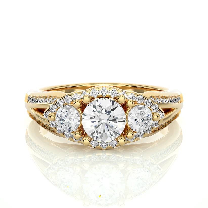 Round Three Stone Halo Diamond Engagement Ring | Solid Yellow Gold | Split Shank Pavé Band | Classic Bridal Ring