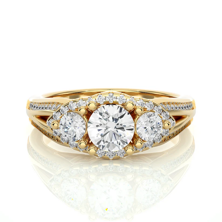 Round Three Stone Halo Diamond Engagement Ring | Solid Yellow Gold | Split Shank Pavé Band | Classic Bridal Ring