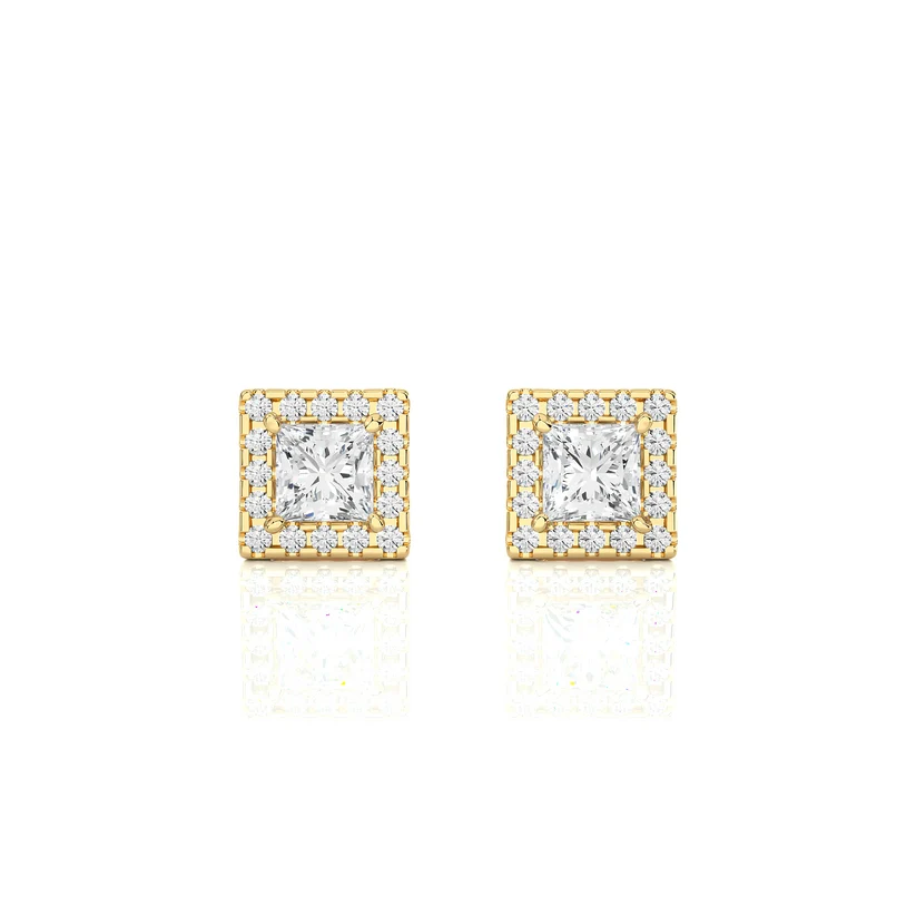 Classic Princess-Cut Diamond Halo Stud Earrings in Gold
