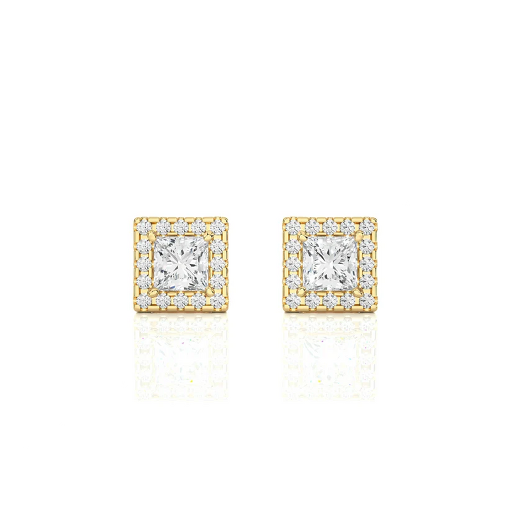 Classic Princess-Cut Diamond Halo Stud Earrings in Gold