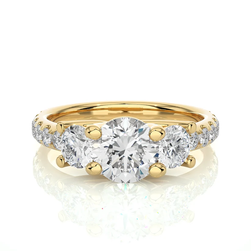 Three Stone Round Diamond Engagement Ring with Pavé Band in Solid Yellow Gold