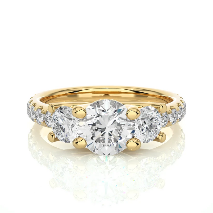 Three Stone Round Diamond Engagement Ring with Pavé Band in Solid Yellow Gold