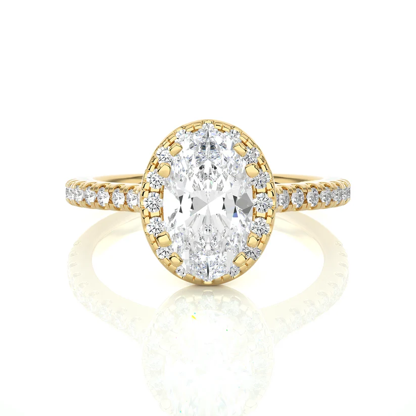 Oval Cut Halo Diamond Engagement Ring | Solid Yellow Gold | Pavé Diamond Band | Classic Halo Setting