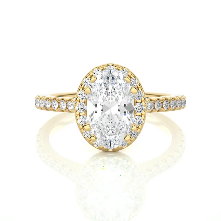 Oval Cut Halo Diamond Engagement Ring | Solid Yellow Gold | Pavé Diamond Band | Classic Halo Setting