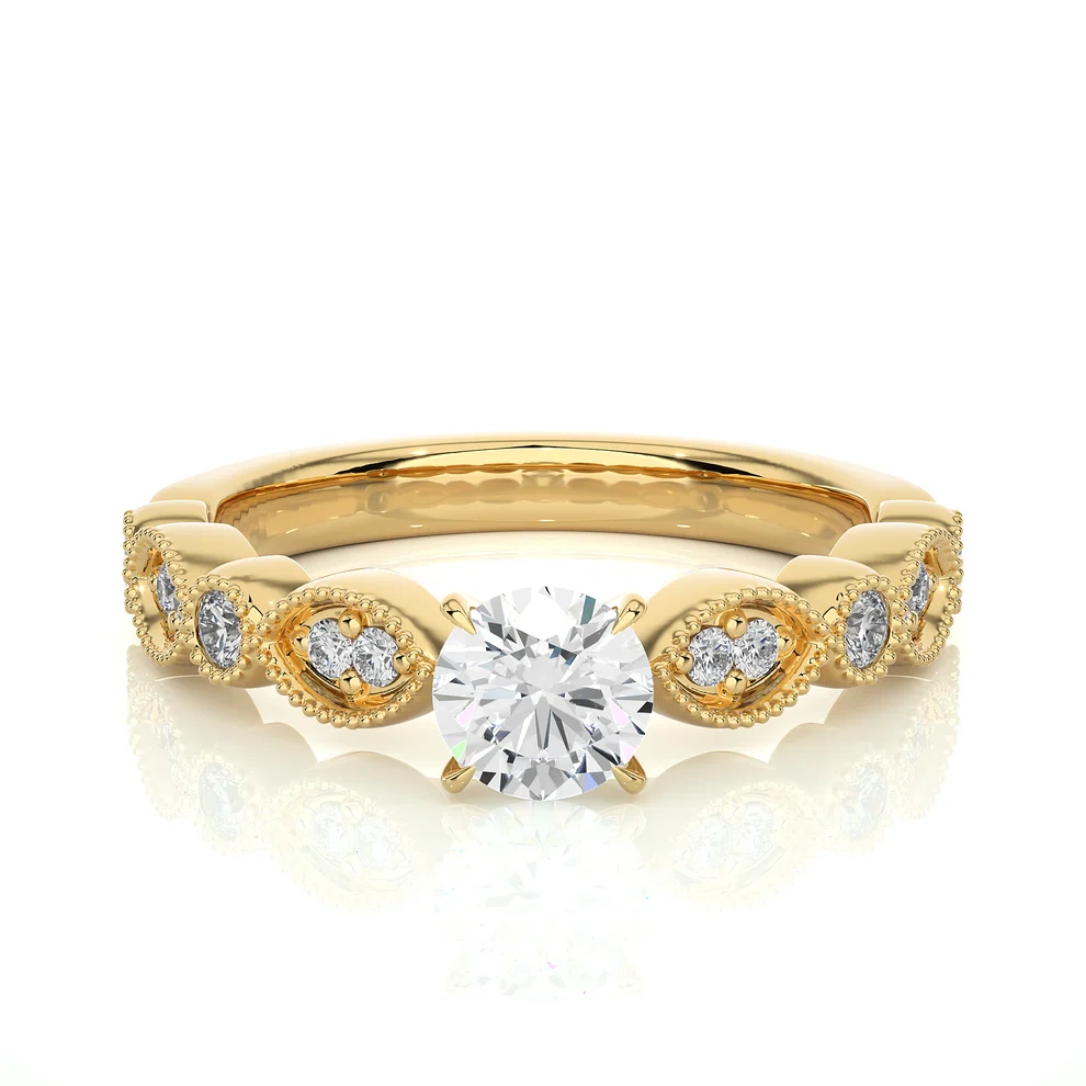 Vintage Milgrain Round Diamond Floral Engagement Ring in Solid Gold
