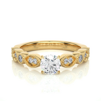 Vintage Milgrain Round Diamond Floral Engagement Ring in Solid Gold