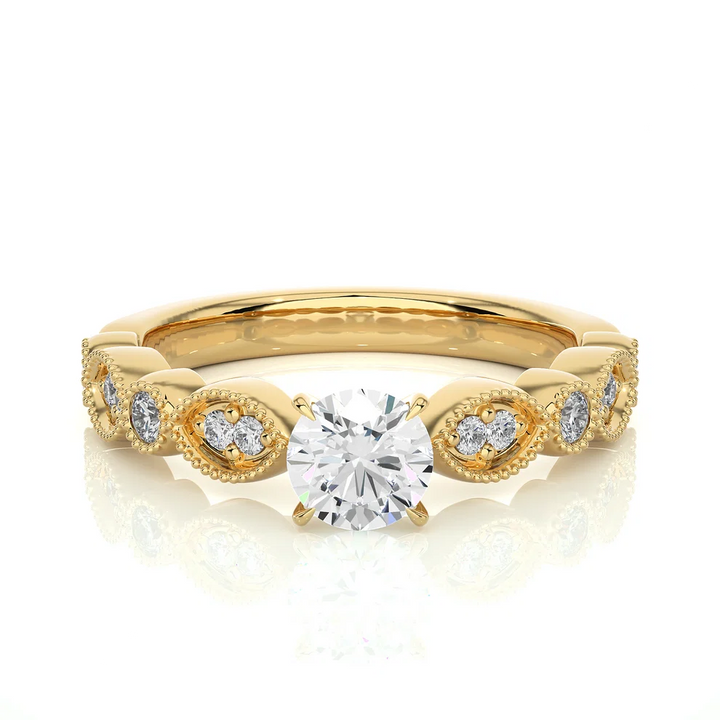 Vintage Milgrain Round Diamond Floral Engagement Ring in Solid Gold