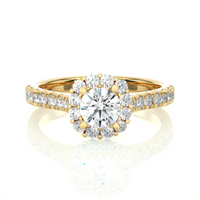 Round Halo Diamond Engagement Ring | Solid Yellow Gold | Pavé Diamond Band | Classic Halo Setting |