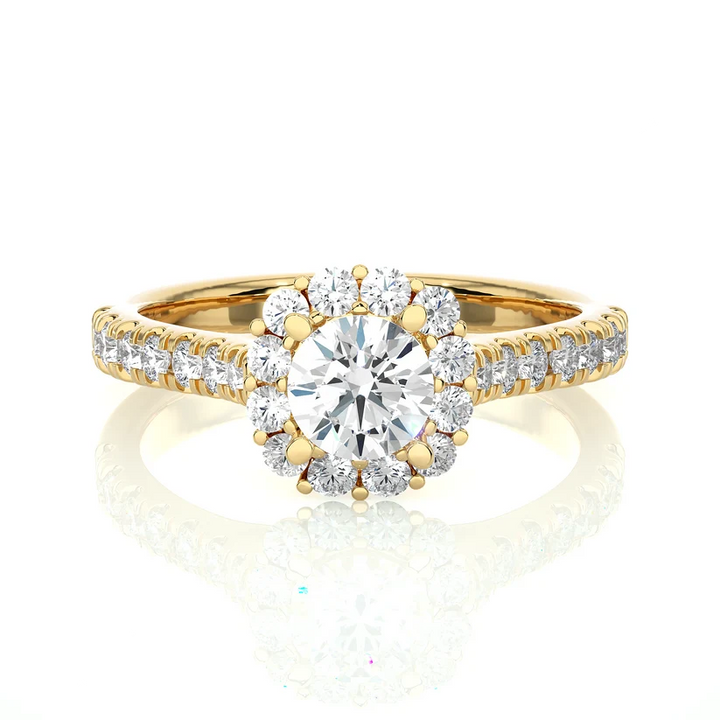 Round Halo Diamond Engagement Ring | Solid Yellow Gold | Pavé Diamond Band | Classic Halo Setting |