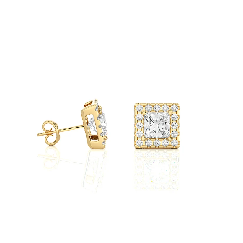 Classic Princess-Cut Diamond Halo Stud Earrings in Gold