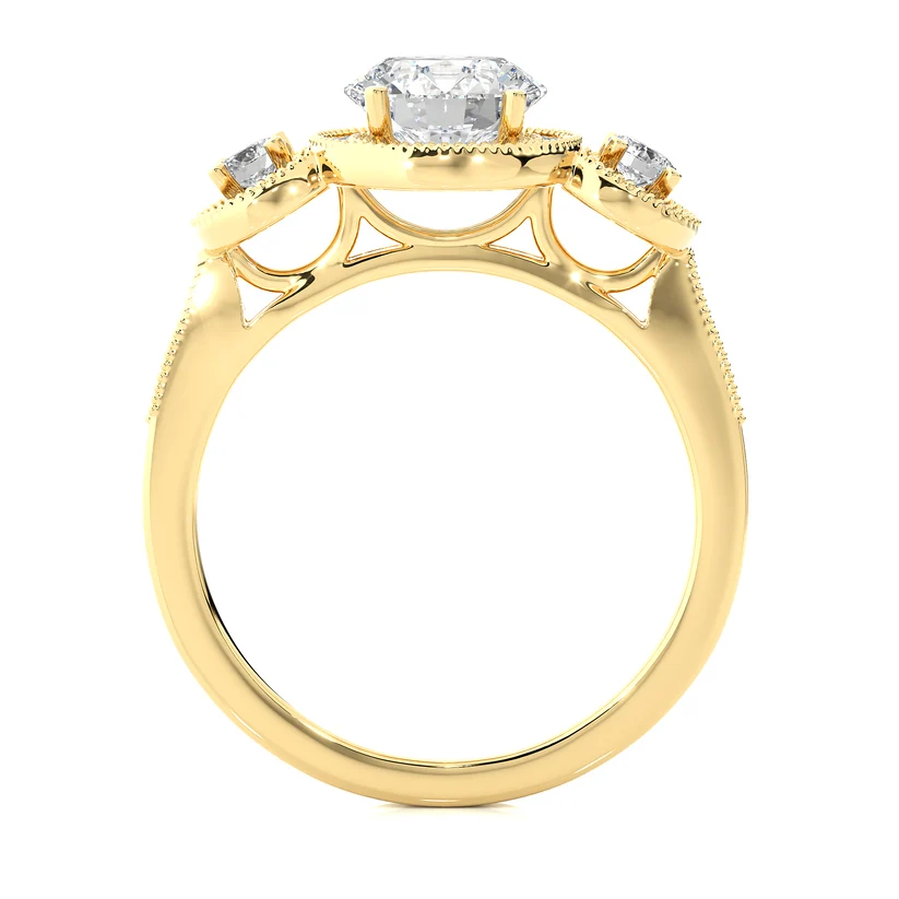 Vintage Three Stone Round Diamond Halo Engagement Ring | Solid Yellow Gold | Milgrain Diamond Ring | Classic Bridal Jewelry | Gift for Her
