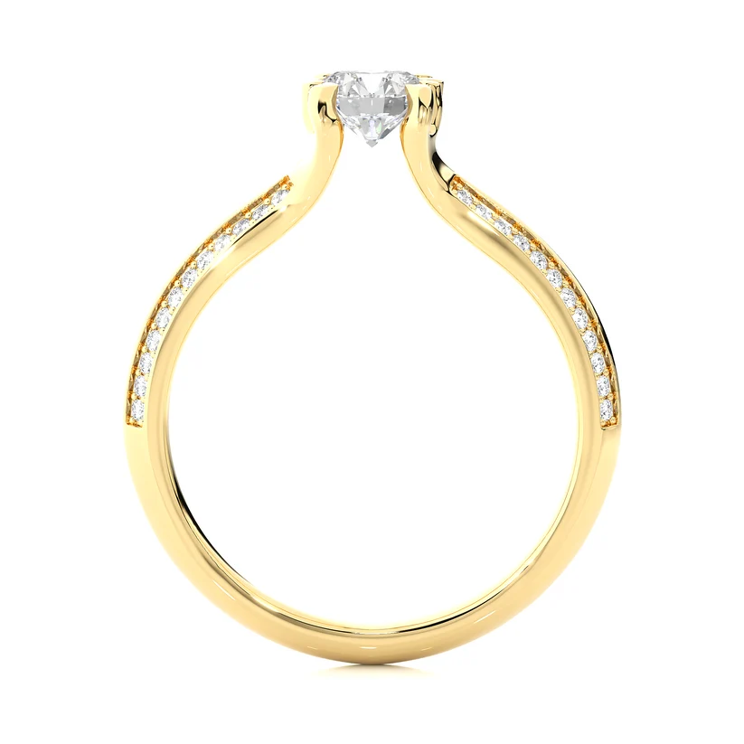 Round Solitaire Diamond Split Shank Gold Engagement Ring with Pavé Diamond Band