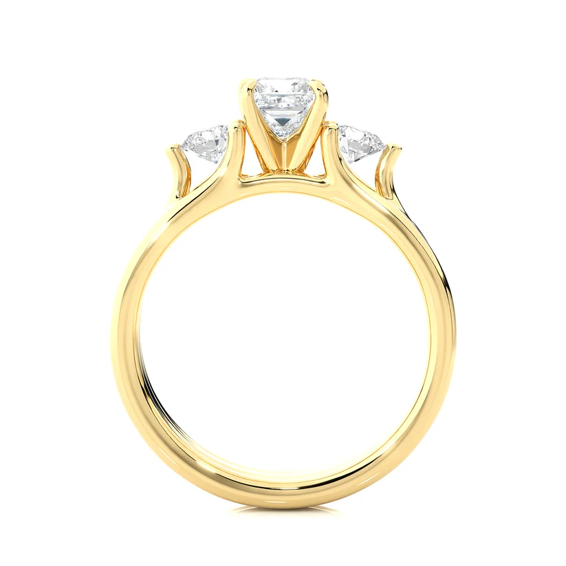 Princess Cut Three Stone Diamond Engagement Ring | Solid Yellow Gold | Round Side Diamonds | Classic Trilogy Ring | Gift for Her