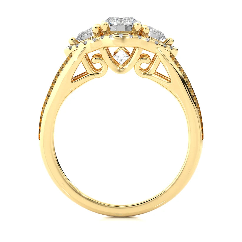 Round Three Stone Halo Diamond Engagement Ring | Solid Yellow Gold | Split Shank Pavé Band | Classic Bridal Ring