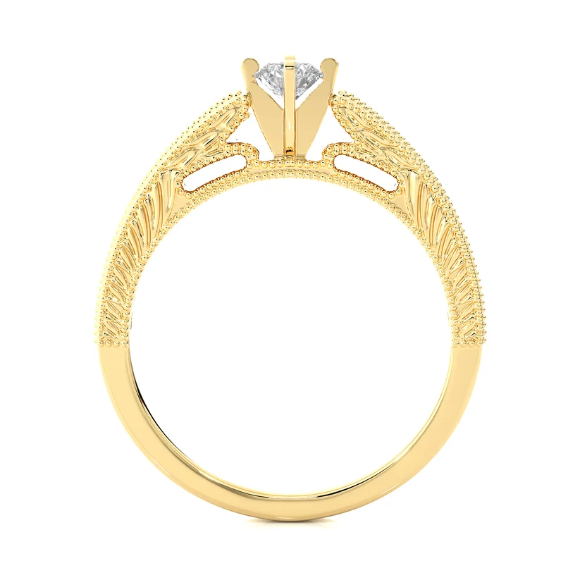 Vintage Round Solitaire Diamond Ring with Milgrain Diamond Band in 10K/14K/18K Yellow Gold