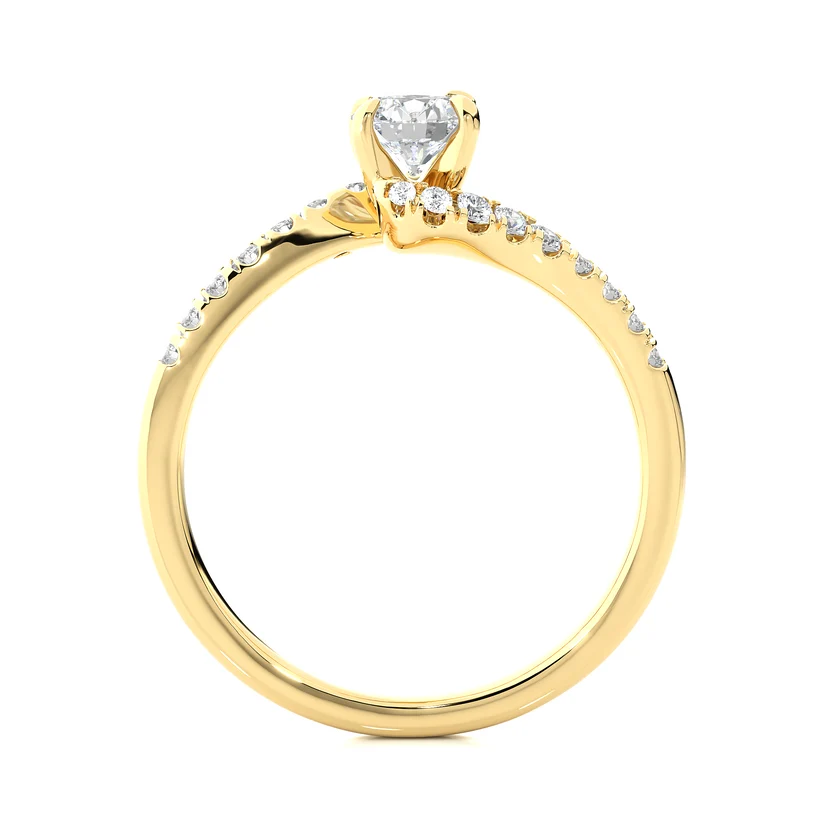 Twisted Round Brilliant Diamond Solitaire Engagement Ring | Solid Yellow Gold | Pavé Diamond Crossover Band | Four-Prong Setting | Gift for Her