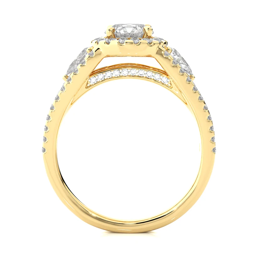 Round Halo Diamond Pear Side Stone Split Shank Engagement Ring in Solid Yellow Gold
