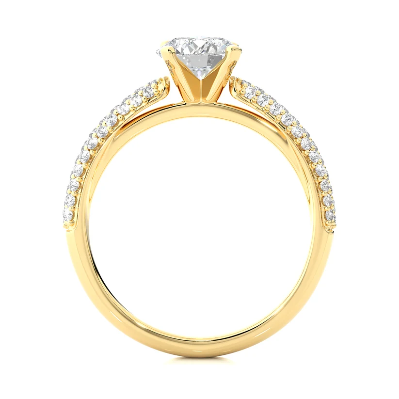 Round Brilliant Diamond Pavé Engagement Ring in Solid Yellow Gold | Triple Row Diamond Band | Classic Solitaire Ring