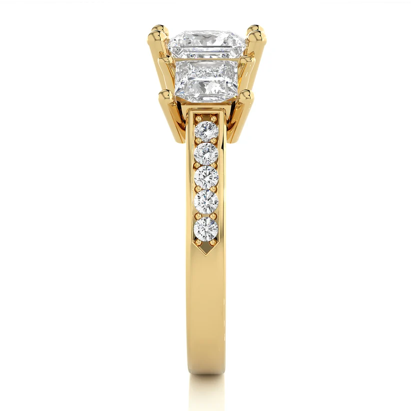 Princess Cut Three Stone Diamond Engagement Ring | Solid Yellow Gold | Channel-Set Diamond Band | Classic Trilogy Ring | Gift for Her