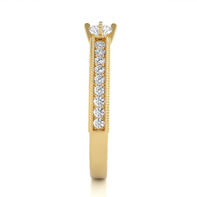 Vintage Round Solitaire Diamond Ring with Milgrain Diamond Band in 10K/14K/18K Yellow Gold