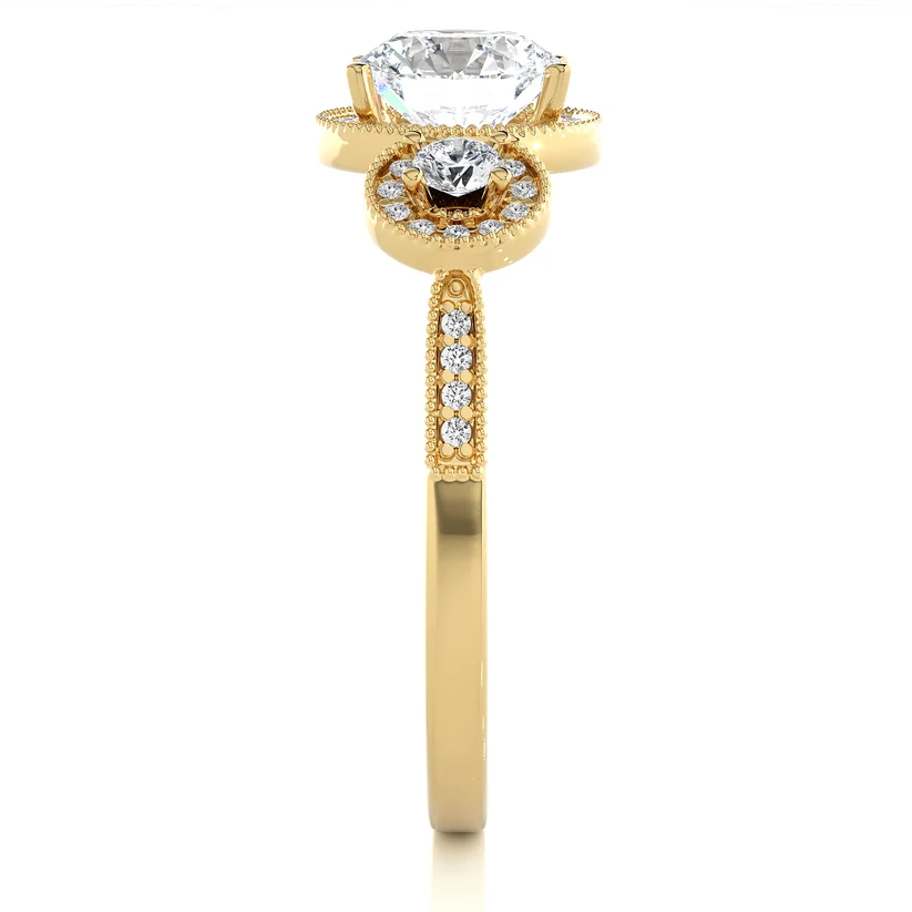 Vintage Three Stone Round Diamond Halo Engagement Ring | Solid Yellow Gold | Milgrain Diamond Ring | Classic Bridal Jewelry | Gift for Her