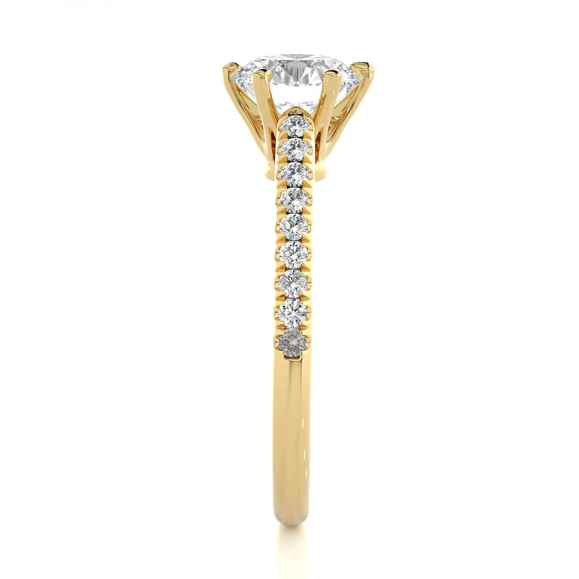 Classic Round Solitaire Diamond Gold Engagement Ring with Pavé Diamond Band