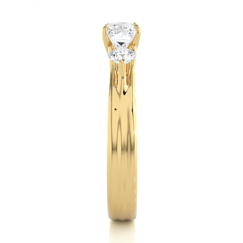 Princess Cut Three Stone Diamond Engagement Ring | Solid Yellow Gold | Round Side Diamonds | Classic Trilogy Ring | Gift for Her