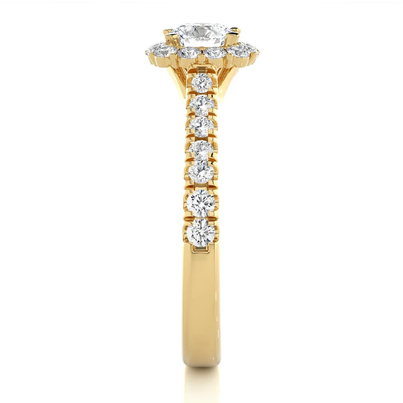 Round Halo Diamond Engagement Ring | Solid Yellow Gold | Pavé Diamond Band | Classic Halo Setting |
