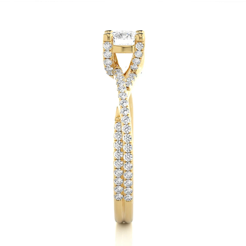 Twisted Round Solitaire Diamond Gold Engagement Ring with Pavé Diamond Band