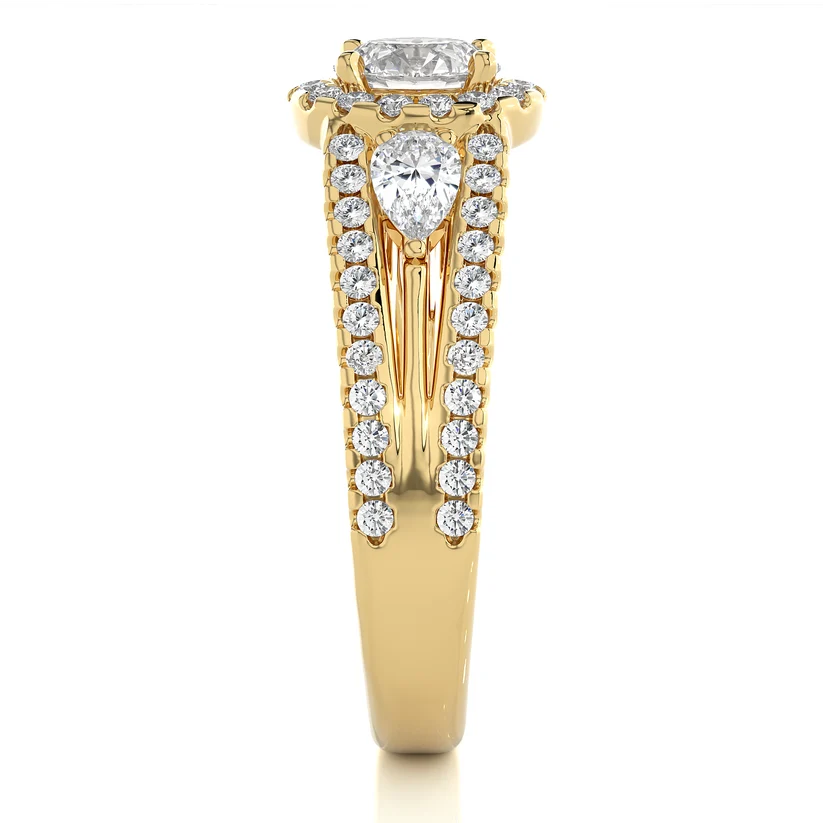 Round Halo Diamond Pear Side Stone Split Shank Engagement Ring in Solid Yellow Gold