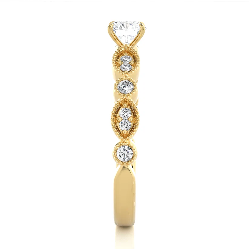 Vintage Milgrain Round Diamond Floral Engagement Ring in Solid Gold