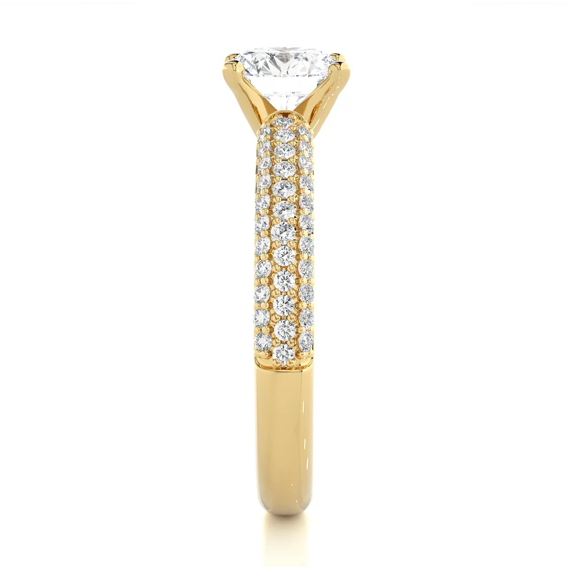 Round Brilliant Diamond Pavé Engagement Ring in Solid Yellow Gold | Triple Row Diamond Band | Classic Solitaire Ring