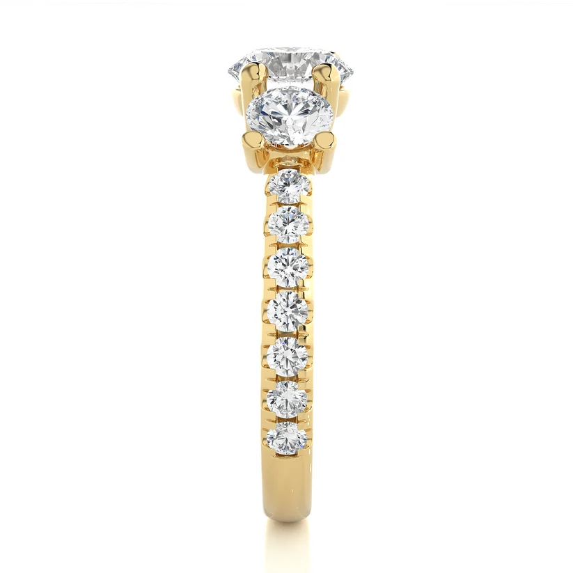 Three Stone Round Diamond Engagement Ring with Pavé Band in Solid Yellow Gold