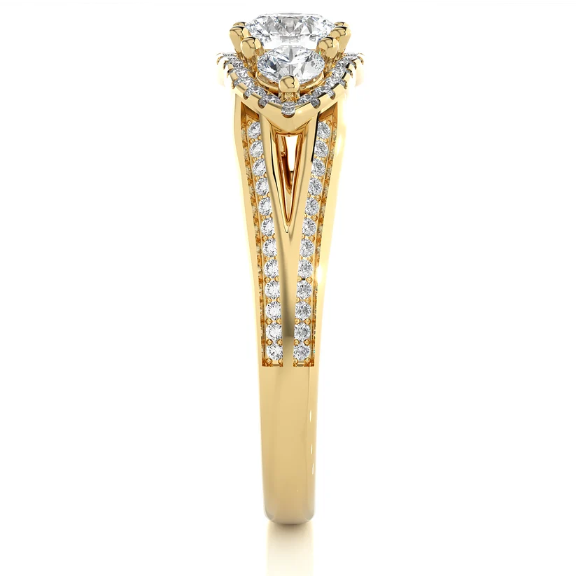 Round Three Stone Halo Diamond Engagement Ring | Solid Yellow Gold | Split Shank Pavé Band | Classic Bridal Ring