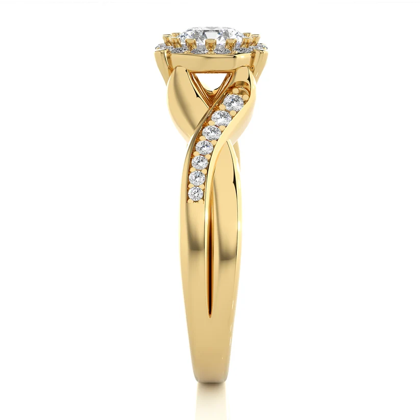 Round Halo Diamond Twist Engagement Ring | Solid Yellow Gold | Pavé Infinity Band | Classic Halo Setting