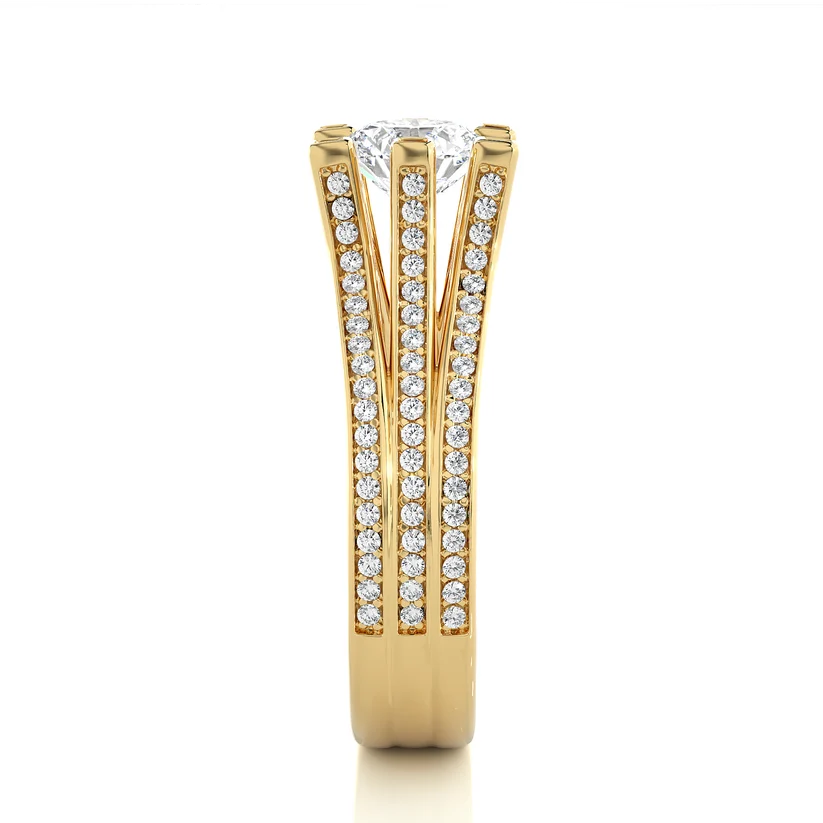 Round Brilliant Diamond Split Shank Bridal Ring Set in Solid Yellow Gold | Pavé Diamond Multi-Band Engagement Ring | Luxury Wedding Ring for Her