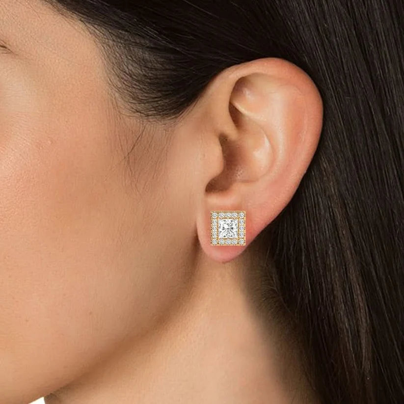Classic Princess-Cut Diamond Halo Stud Earrings in Gold