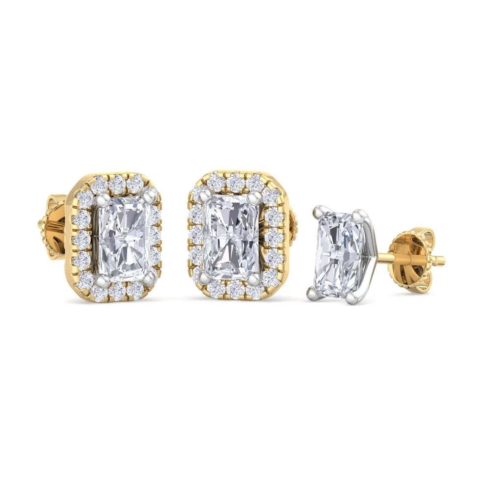 Radiant-Cut Diamond Halo Stud Earrings in Gold