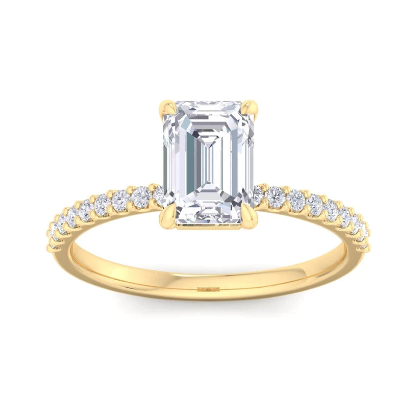 Emerald Cut Diamond Solitaire Engagement Ring with Pavé Band in Gold