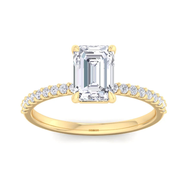 Emerald Cut Diamond Solitaire Engagement Ring with Pavé Band in Gold