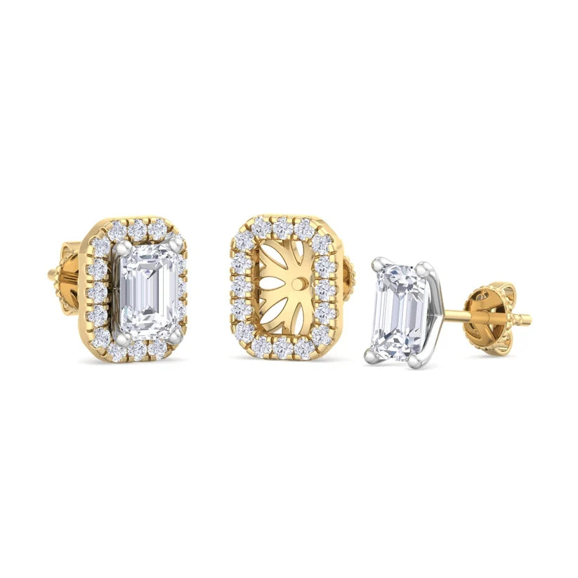 Emerald-Cut Diamond Halo Stud Earrings – Luxury Gold Frame Design