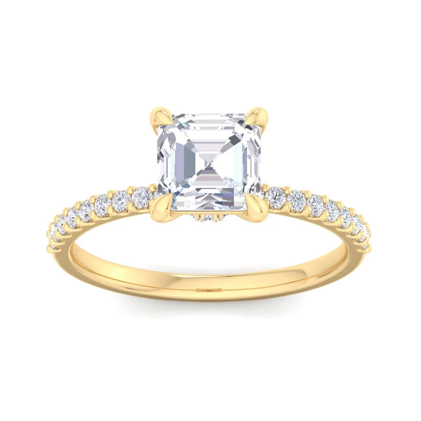 Asscher Cut Diamond Solitaire Engagement Ring | Solid Yellow Gold | Pavé Diamond Band | Classic Four-Prong Setting | Gift for Her