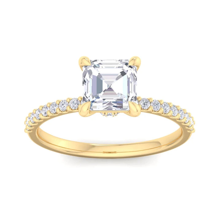 Asscher Cut Diamond Solitaire Engagement Ring | Solid Yellow Gold | Pavé Diamond Band | Classic Four-Prong Setting | Gift for Her
