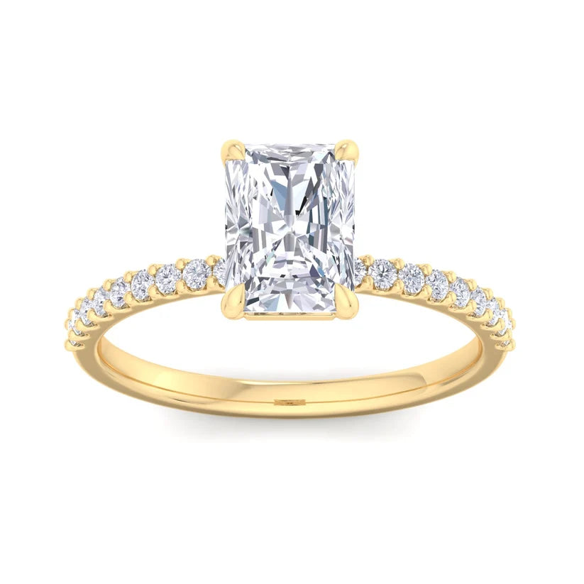 Radiant Cut Diamond Solitaire Engagement Ring with Pavé Band in Yellow Gold