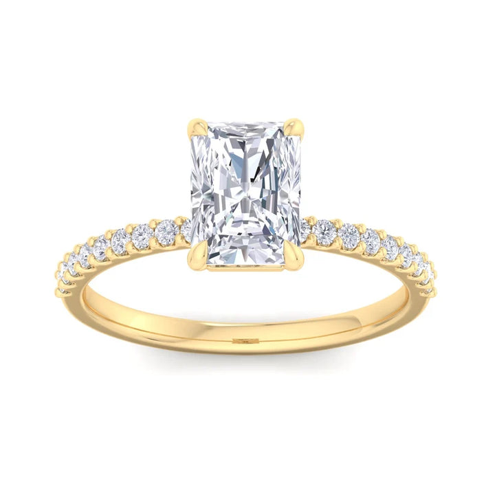 Radiant Cut Diamond Solitaire Engagement Ring with Pavé Band in Yellow Gold