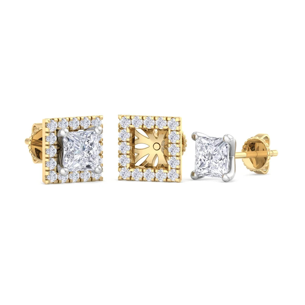 Princess-Cut Diamond Halo Stud Earrings in Gold