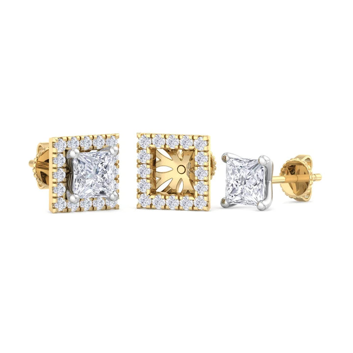 Princess-Cut Diamond Halo Stud Earrings in Gold
