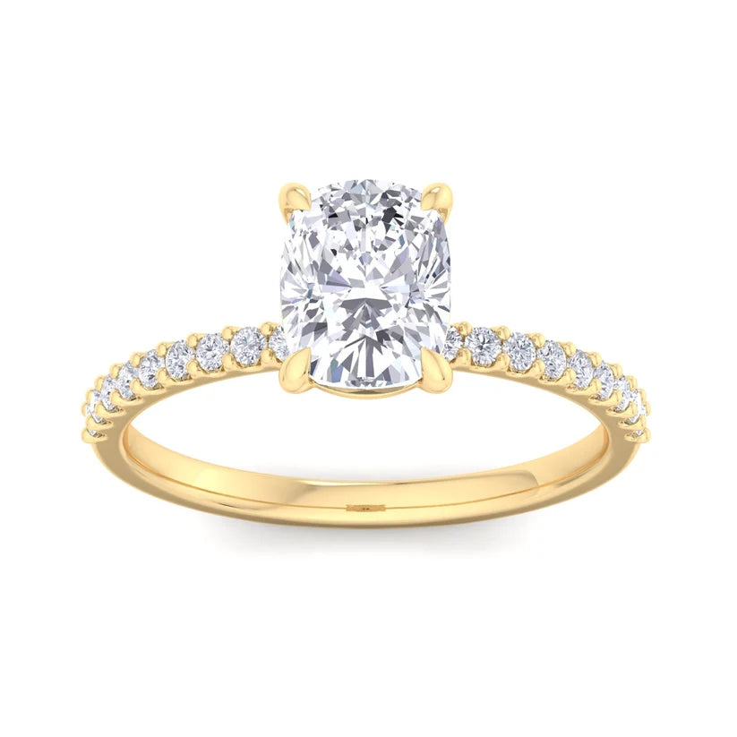 Cushion Cut Diamond Solitaire Engagement Ring | Solid Yellow Gold | Pavé Diamond Band | Classic Four-Prong Setting | Gift for Her