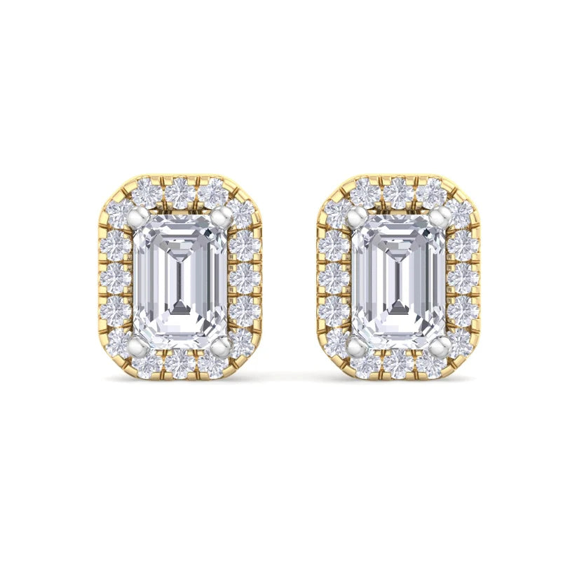 Emerald-Cut Diamond Halo Stud Earrings – Luxury Gold Frame Design