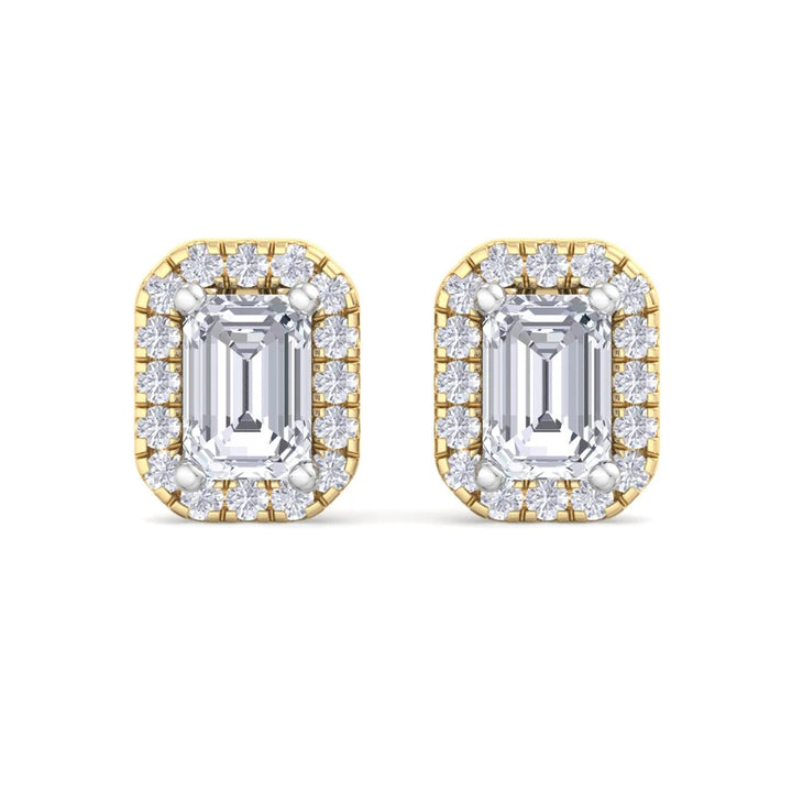 Emerald-Cut Diamond Halo Stud Earrings – Luxury Gold Frame Design